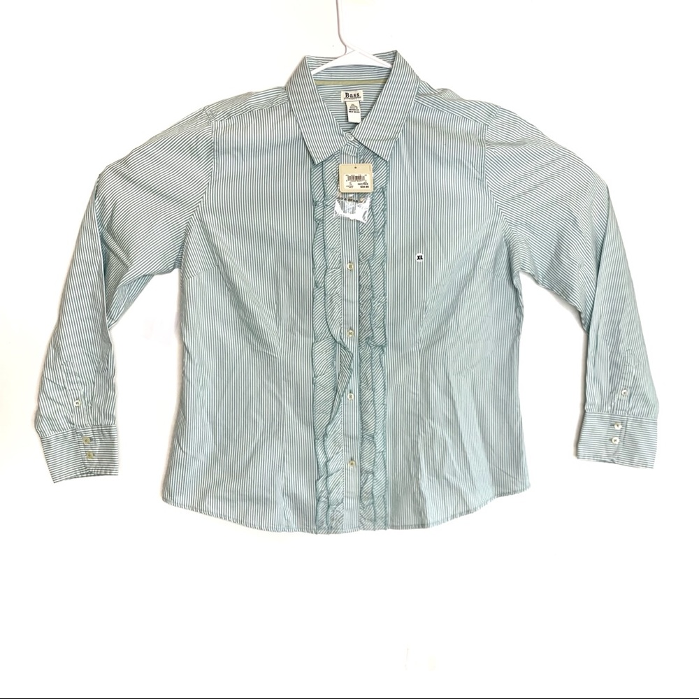 G.H. Bass women’s striped ruffle button shirt XL teal green white stripes